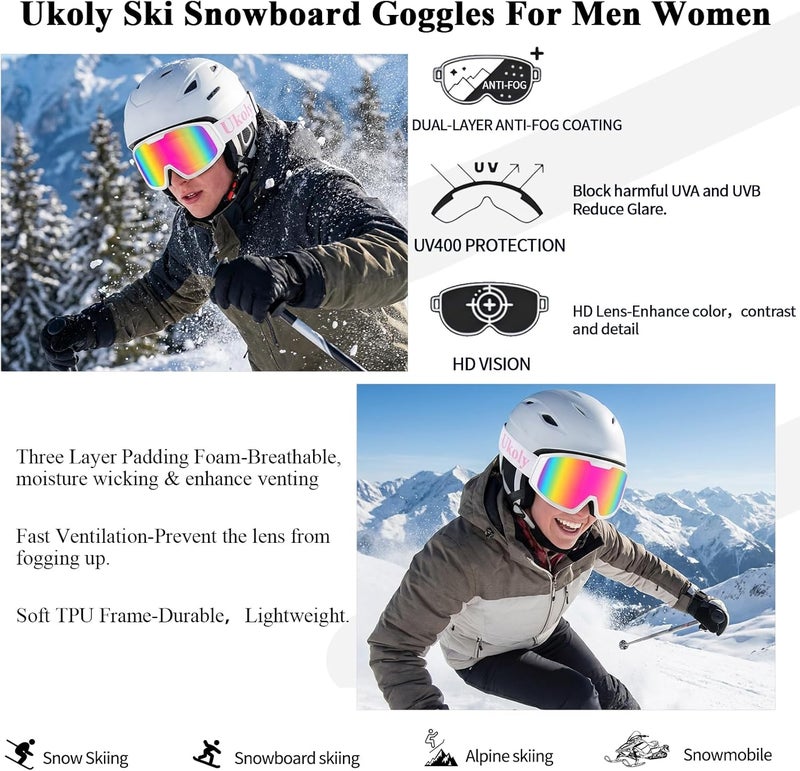 Ukoly Ski/Snowboard Goggles for Men Women, Snow Goggles HD Lens Anti-Fog Coating OTG Design UV400 Protection Windproof - Image 3